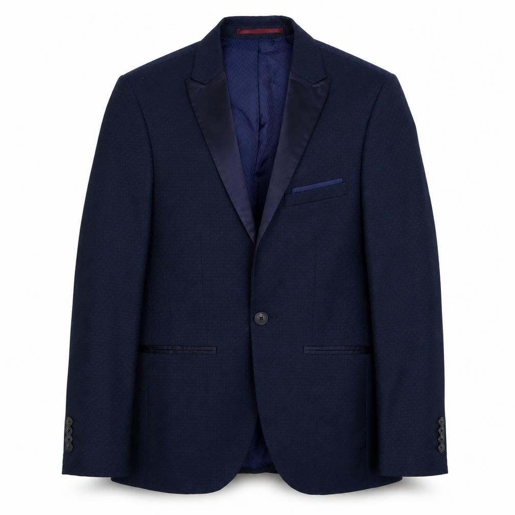 Front view of Burton men’s blue polyester jacket blazer, size 34