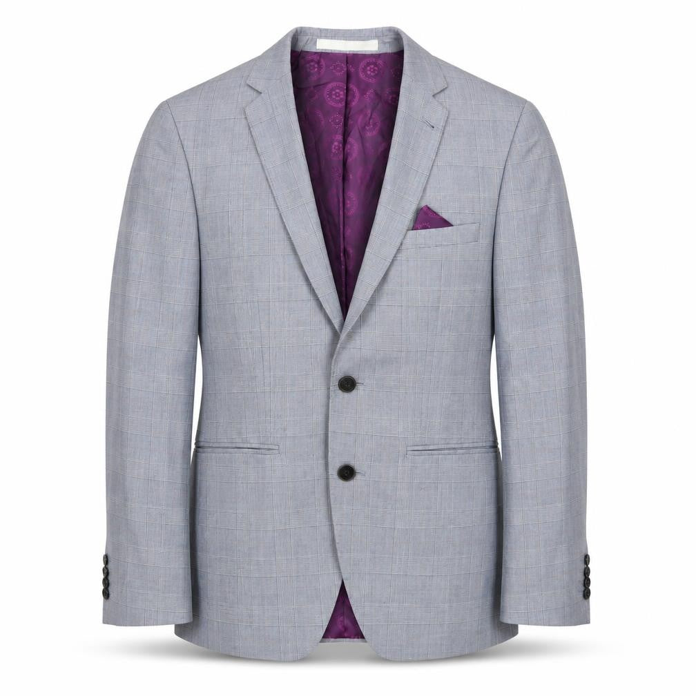 Front view of Burton men’s grey plaid polyester jacket blazer, size 36