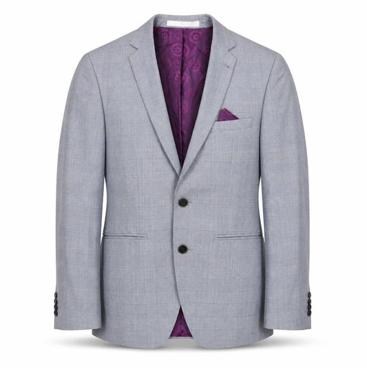Front view of Burton men’s grey plaid polyester jacket blazer, size 36
