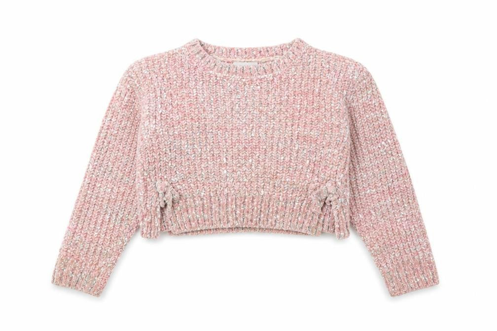 Front view of Matalan girls’ pink round neck polyester jumper, size 8, years pullover
