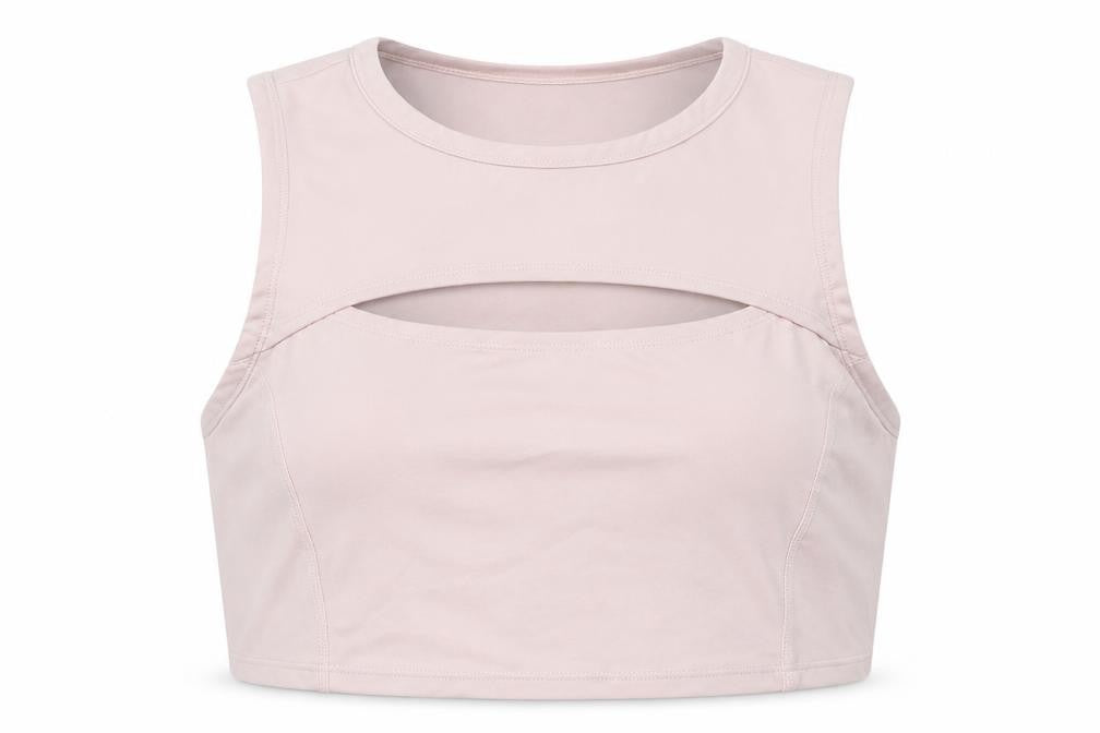 Front view of Preworn women’s pink polyester cropped tank, size UK 10, round neck