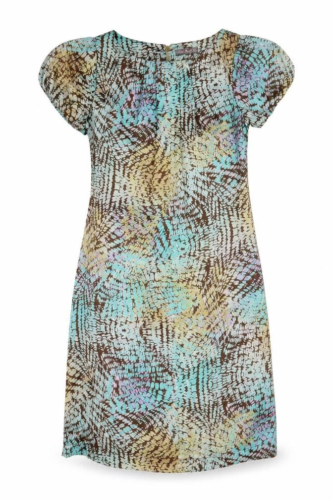 Front view of Marks & Spencer women’s multicoloured geometric polyester shift, size UK 8, boat neck zip
