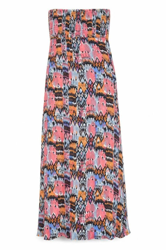 Front view of Topshop women’s multicoloured geometric polyester maxi, size M, off the shoulder pullover - shirred