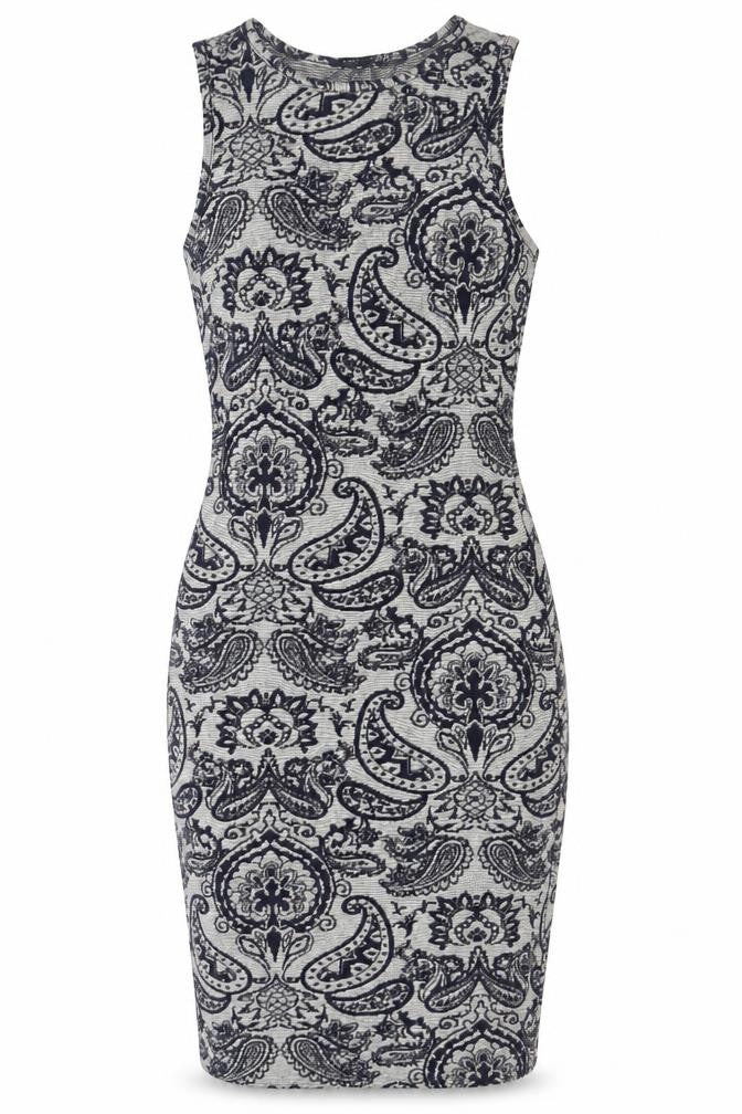 Front view of Atmosphere women’s blue paisley polyester pencil dress, size UK 10, boat neck pullover