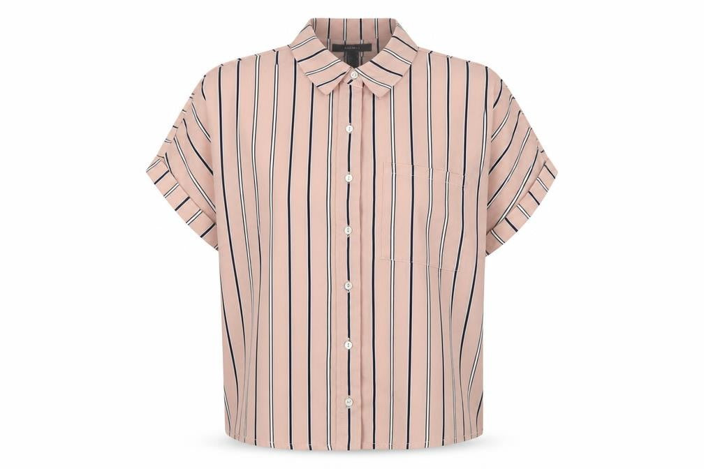 Front view of Forever 21 women’s pink striped polyester basic button-up, size S, collared - box fit shirt
