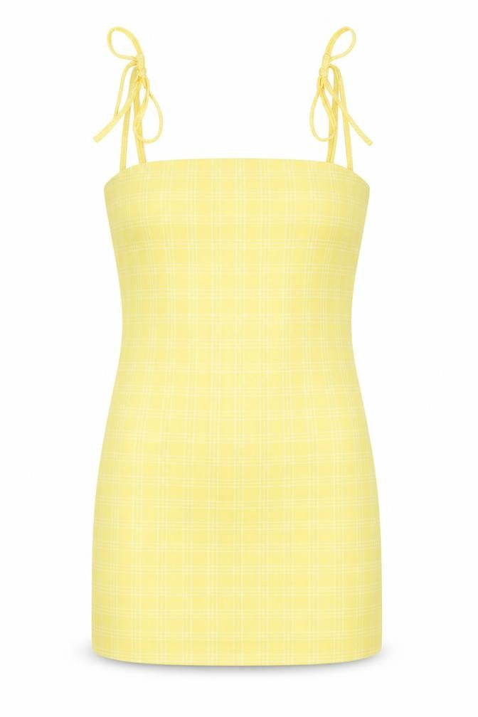 Front view of SHEIN women’s yellow check polyester bodycon, size XS, square neck pullover