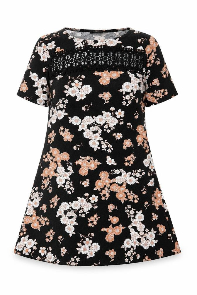 F&F Womens Black Floral Viscose A-Line Size 6 Round Neck Pullover