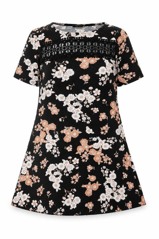 Front view of F&F women’s black floral viscose a-line, size UK 6, round neck pullover