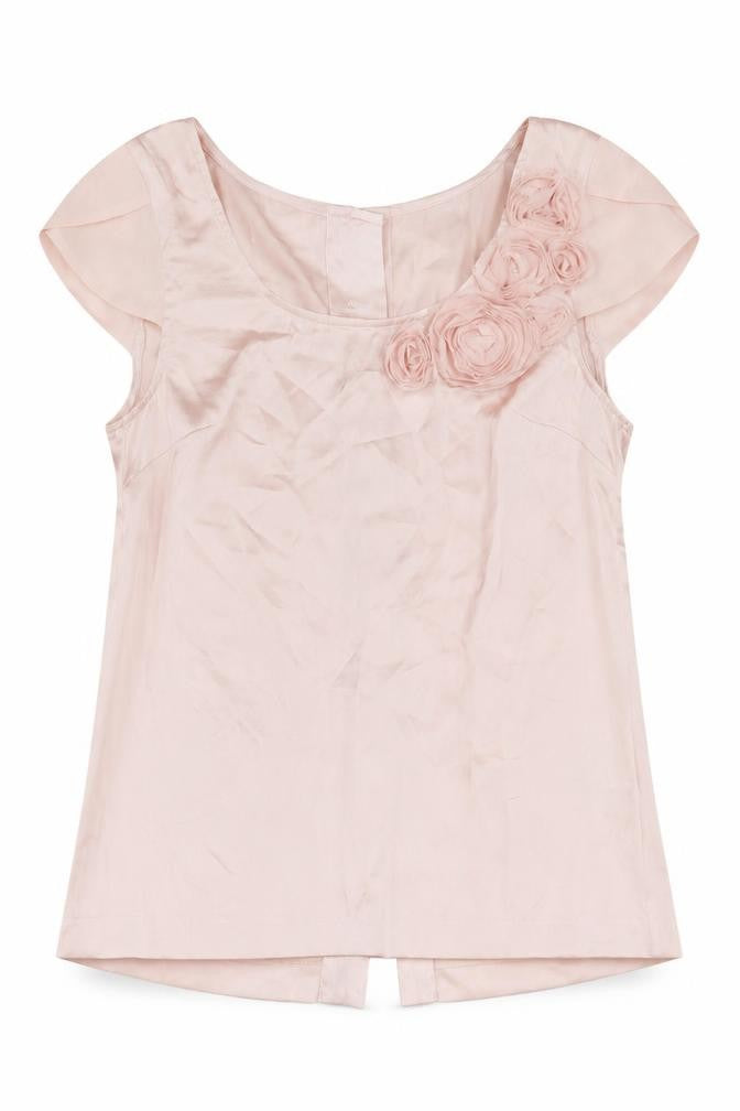 Front view of H&M women’s pink polyester basic blouse, size UK 34, scoop neck - 3d flowers
