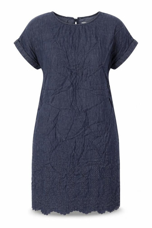 Front view of Next women’s blue cotton shift, size UK 12, round neck button
