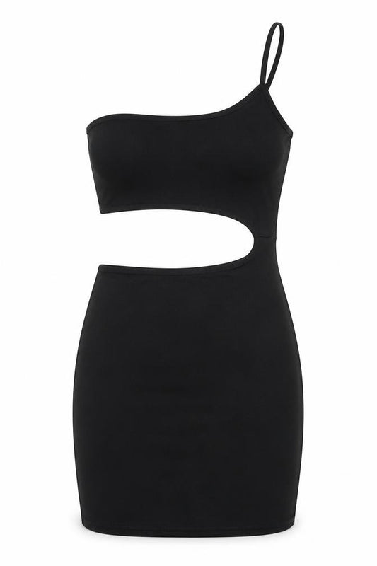 Front view of ASOS women’s black polyester mini, size UK 8, square neck pullover