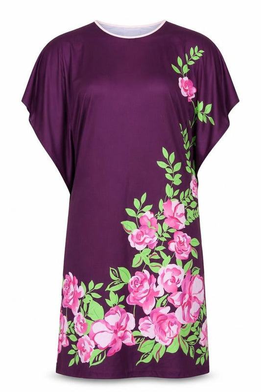 Front view of women’s purple floral polyester a-line, size UK 12, round neck pullover