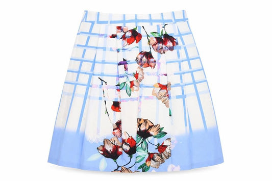 Front view of Great Plains women’s blue geometric polyester a-line skirt, size UK 10, zip