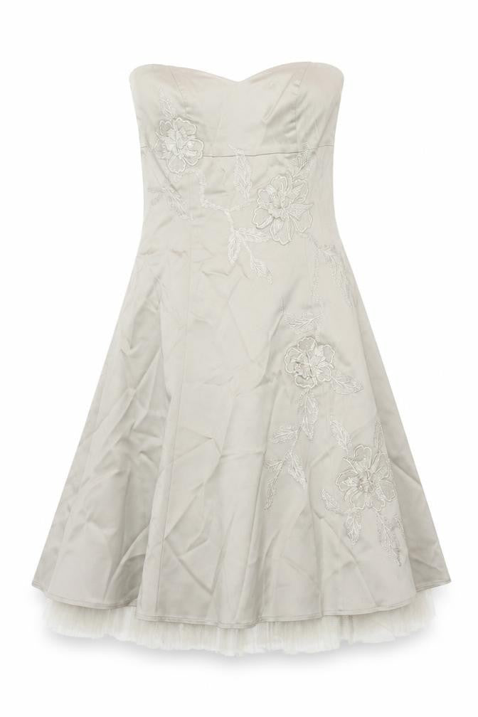 Front view of Warehouse women’s ivory acetate a-line, size UK 12, square neck zip