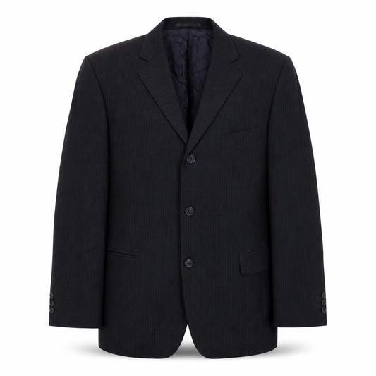 Front view of Burton men’s blue striped wool jacket blazer, size 42