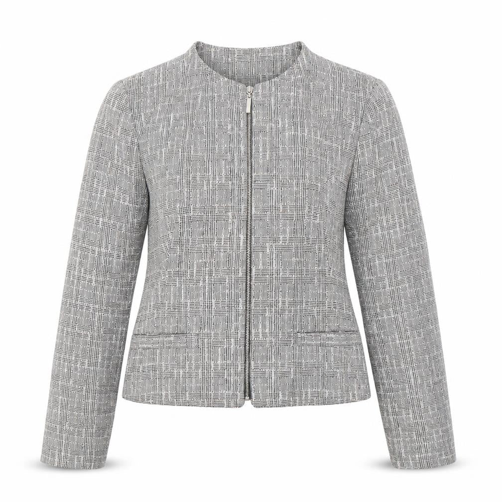 Front view of Camaieu women’s grey plaid jacket, size UK 6, zip