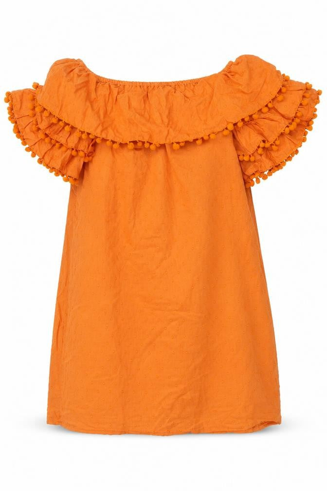 Front view of PRETTYLITTLETHING women’s orange 100% cotton mini, size UK 4, off the shoulder pullover - pom poms