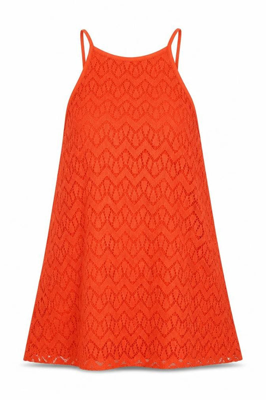 Front view of Atmosphere women’s orange geometric viscose basic tank, size UK 4, round neck