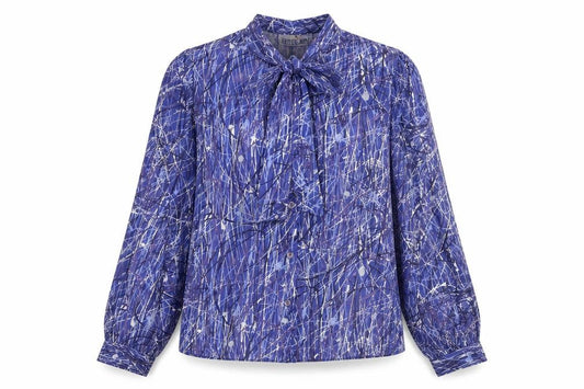 Front view of Butte Knit women’s blue geometric polyester basic button-up, size UK 14, round neck