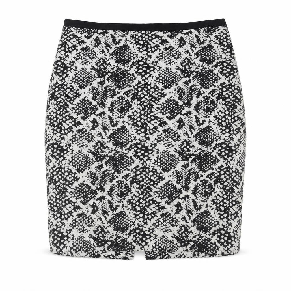 Front view of H&M women’s black geometric polyester bandage skirt, size M
