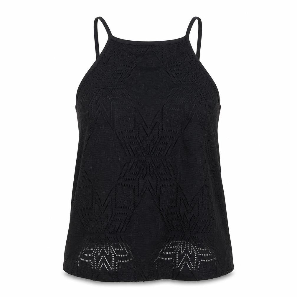 Front view of Primark women’s black geometric polyester basic tank, size UK 6, round neck