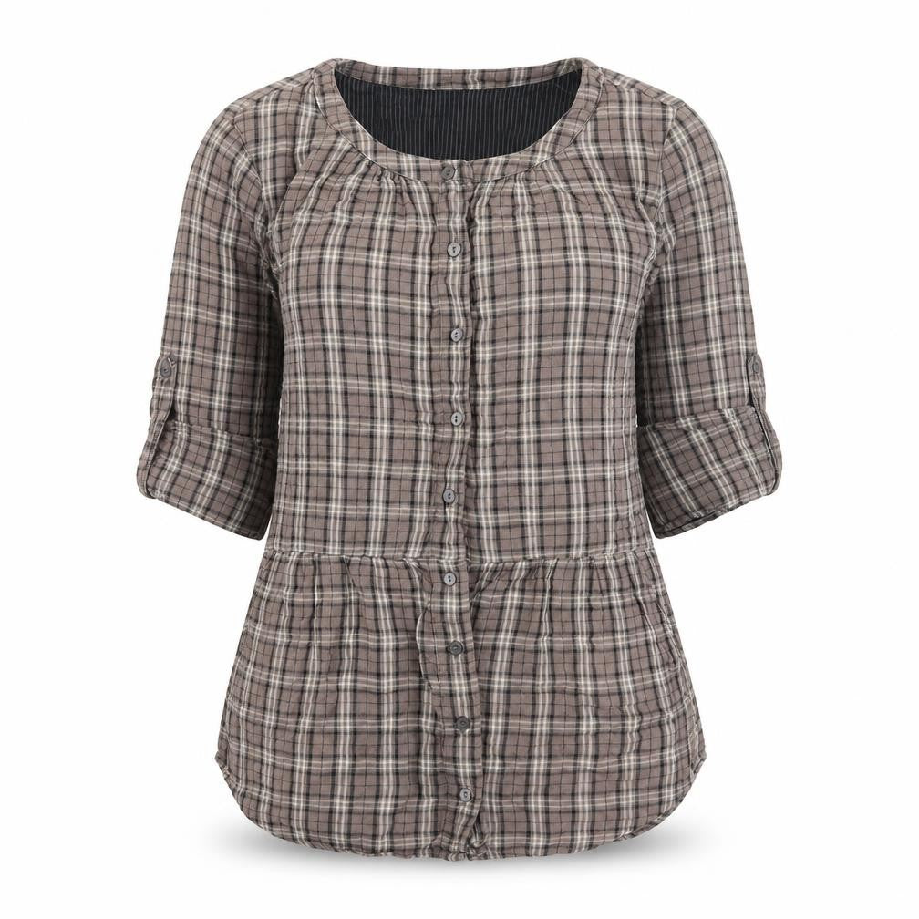 Front view of Canyon River Blues women’s brown plaid cotton basic button-up, size L, scoop neck