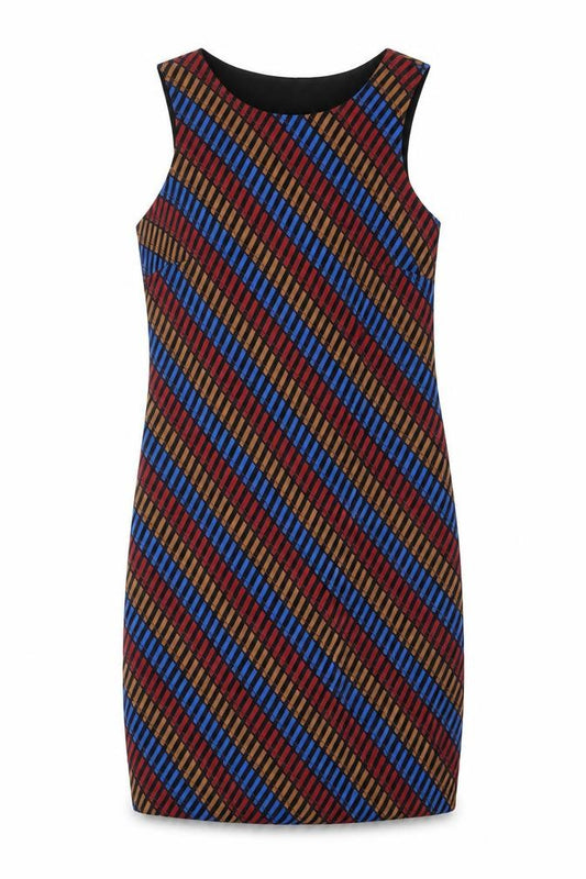 Front view of Next women’s blue geometric polyester bodycon, size UK 10, scoop neck zip