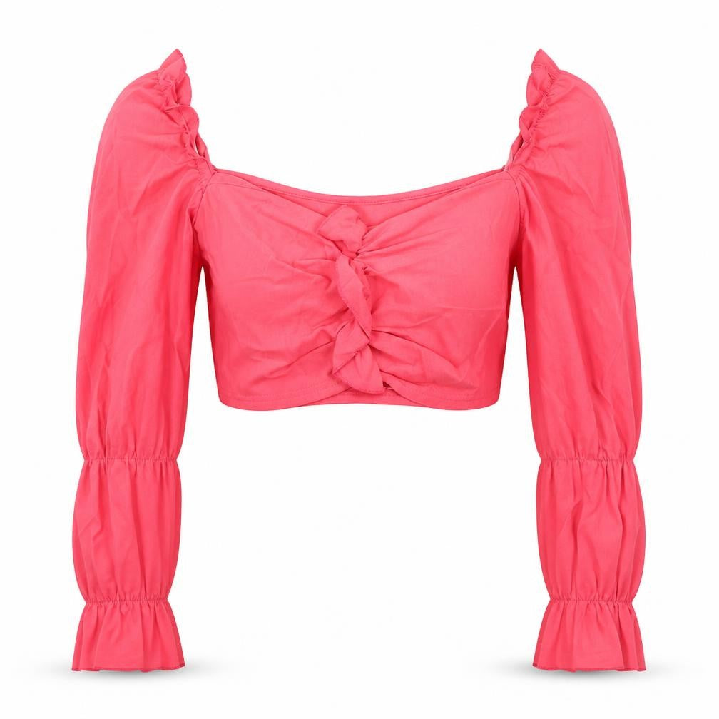 Front view of PRETTYLITTLETHING women’s pink polyester cropped blouse, size UK 6, sweetheart
