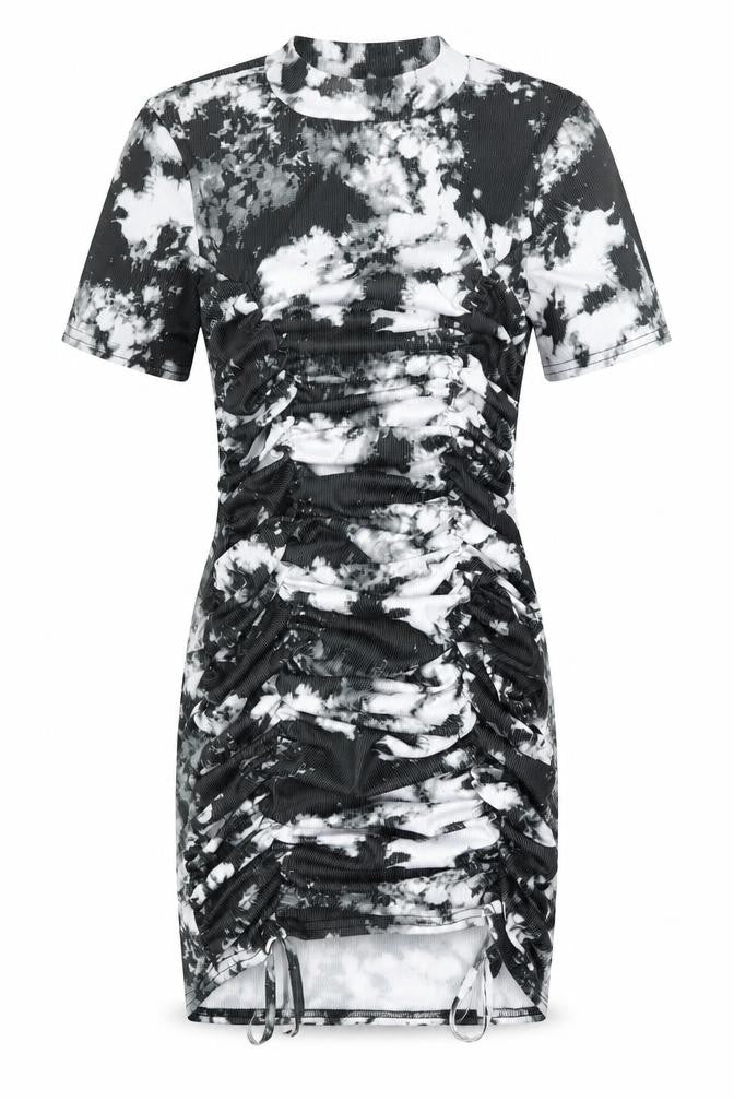 Front view of Vivichi women’s grey tie dye polyester bodycon, size S, mock neck pullover