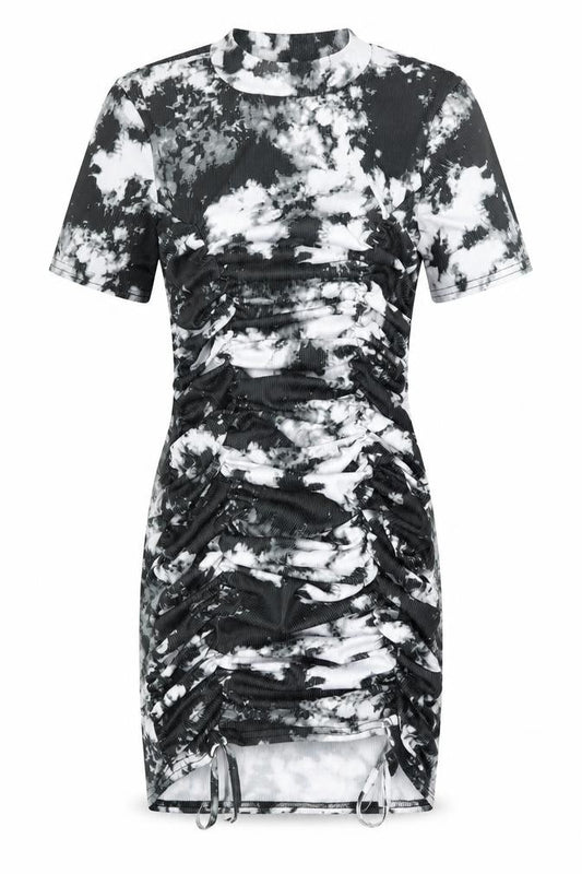 Front view of Vivichi women’s grey tie dye polyester bodycon, size S, mock neck pullover