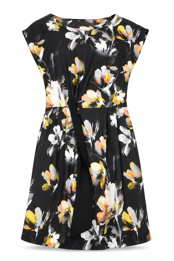 Sabrina Diamanti Womens Black Floral Polyester A-Line Size M Boat Neck Pullover