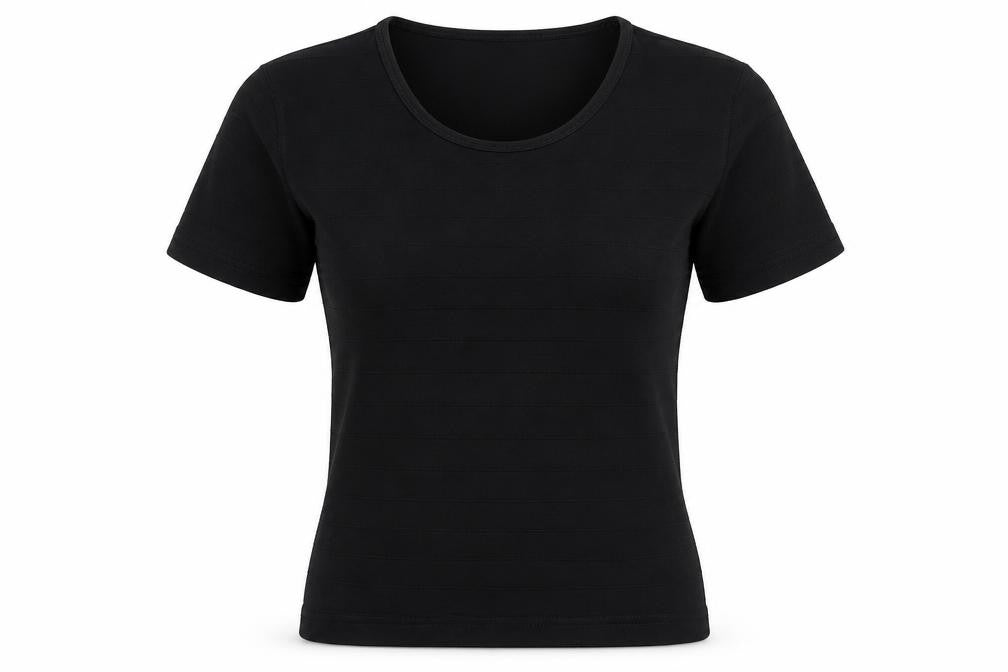 Front view of Country Casuals women’s black polyester basic t-shirt, size S, scoop neck