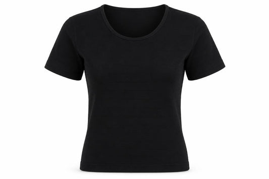 Front view of Country Casuals women’s black polyester basic t-shirt, size S, scoop neck