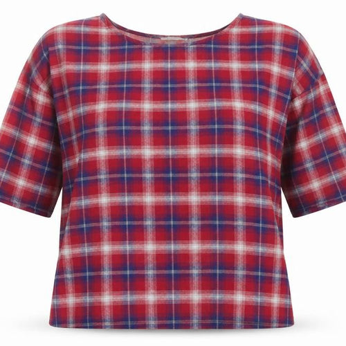 Essentiel Womens Red Plaid 100% Cotton Basic T-Shirt Size 12 Round Neck