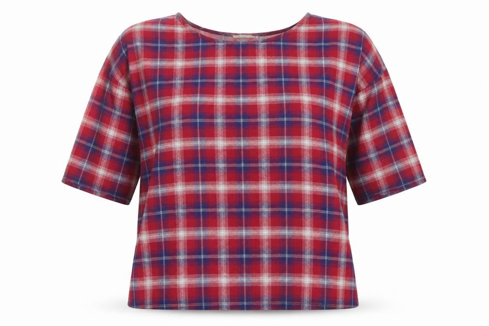 Essentiel Womens Red Plaid 100% Cotton Basic T-Shirt Size 12 Round Neck