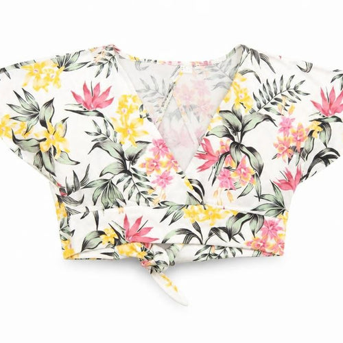 Divided Womens White Floral Polyester Cropped T-Shirt Size M V-Neck