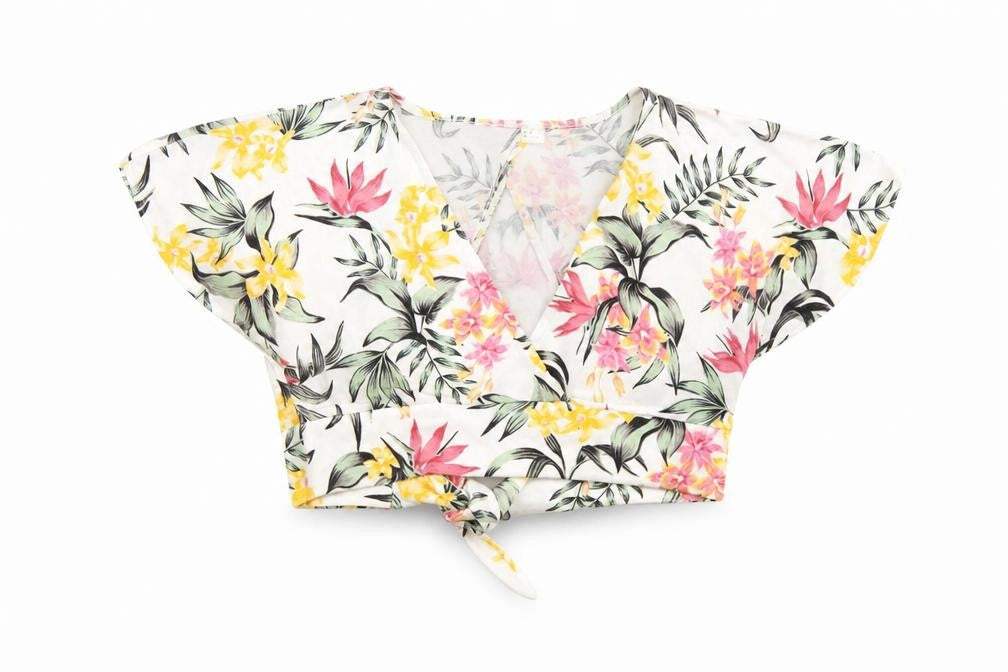 Divided Womens White Floral Polyester Cropped T-Shirt Size M V-Neck
