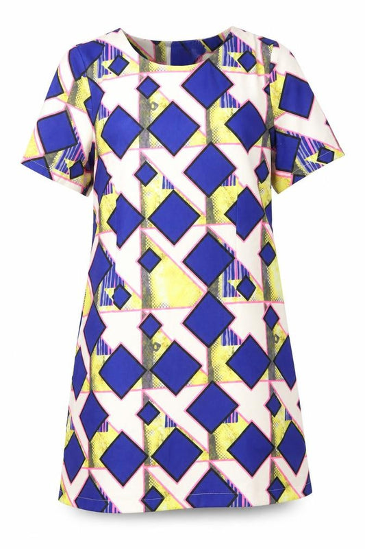 Front view of Ribbon women’s multicoloured geometric polyester shift, size UK 10, round neck zip