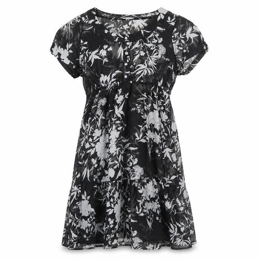 Front view of M&Co women’s black floral polyester a-line, size UK 10, boat neck button