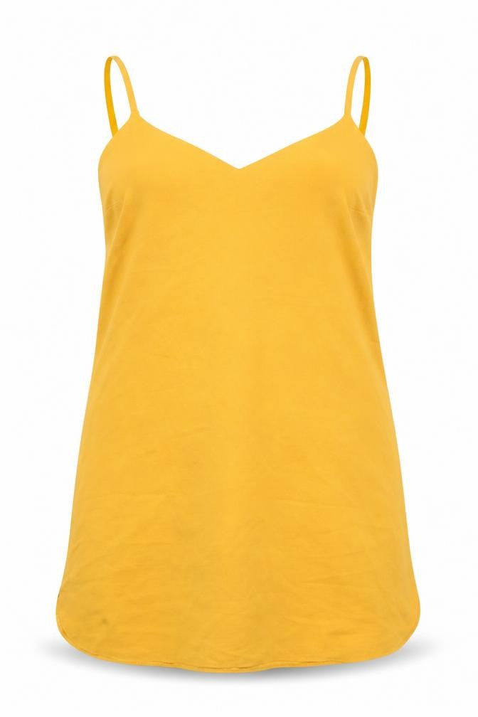 Front view of Missguided women’s yellow polyester slip dress, size UK 12, v-neck pullover