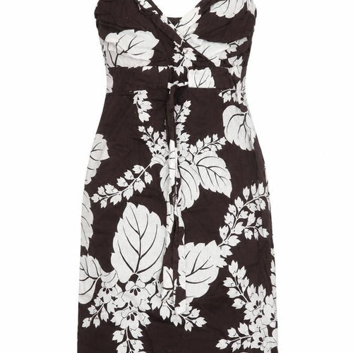 Warehouse Womens Brown Floral Cotton Slip Dress Size 10 V-Neck Zip