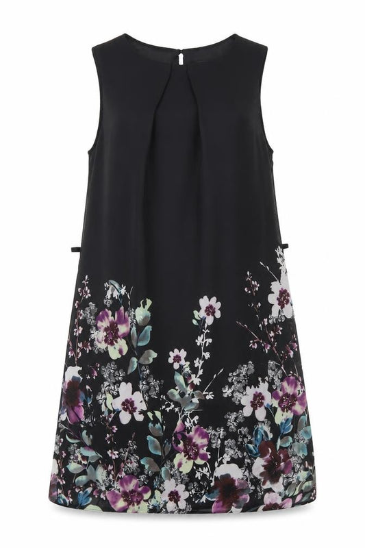 Front view of Primark women’s black floral polyester shift, size UK 6, boat neck button