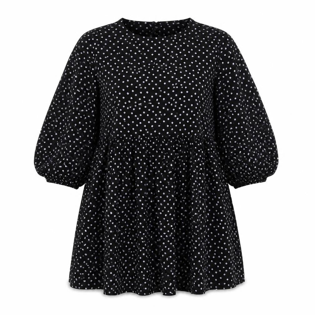 Front view of Boohoo women’s black polka dot polyester trapeze & swing, size UK 6, round neck button