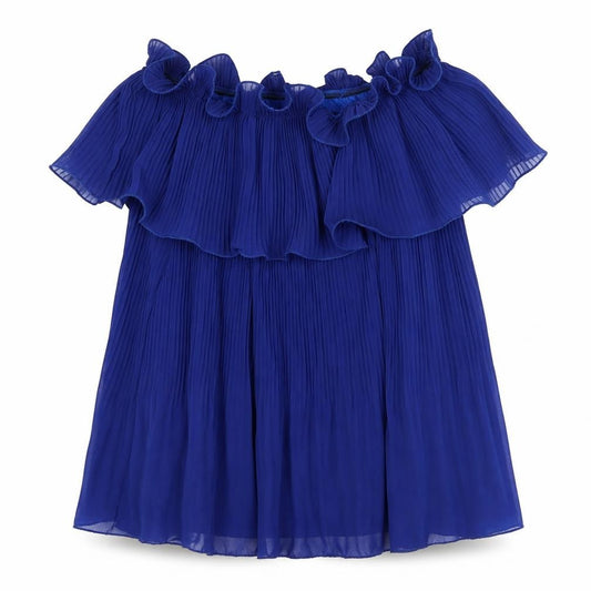 Front view of Preworn women’s blue polyester basic blouse one size off the shoulder