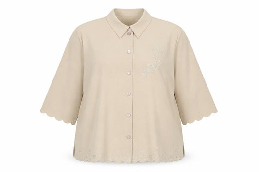 Front view of TanJay women’s beige polyester basic button-up, size UK 22, collared