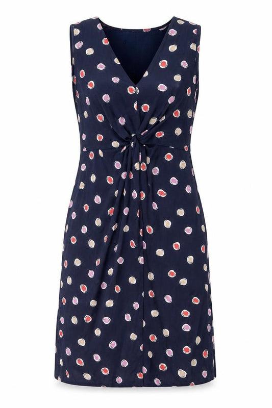 Front view of Clements Ribeiro women’s blue geometric polyester a-line, size UK 12, v-neck zip