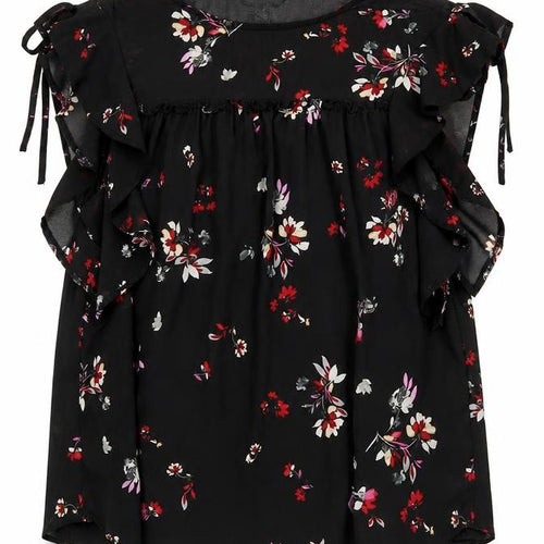 New Look Womens Black Floral Polyester Basic Blouse Size 8 Boat Neck - Tie Sleeve Detail