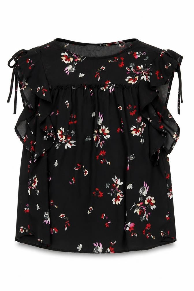 New Look Womens Black Floral Polyester Basic Blouse Size 8 Boat Neck - Tie Sleeve Detail