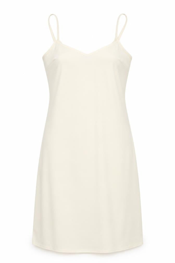Front view of Primark women’s beige polyester slip dress, size UK 4, v-neck pullover