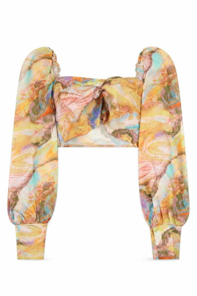 Front view of PRETTYLITTLETHING women’s multicoloured geometric polyester cropped blouse, square neck - marble print
